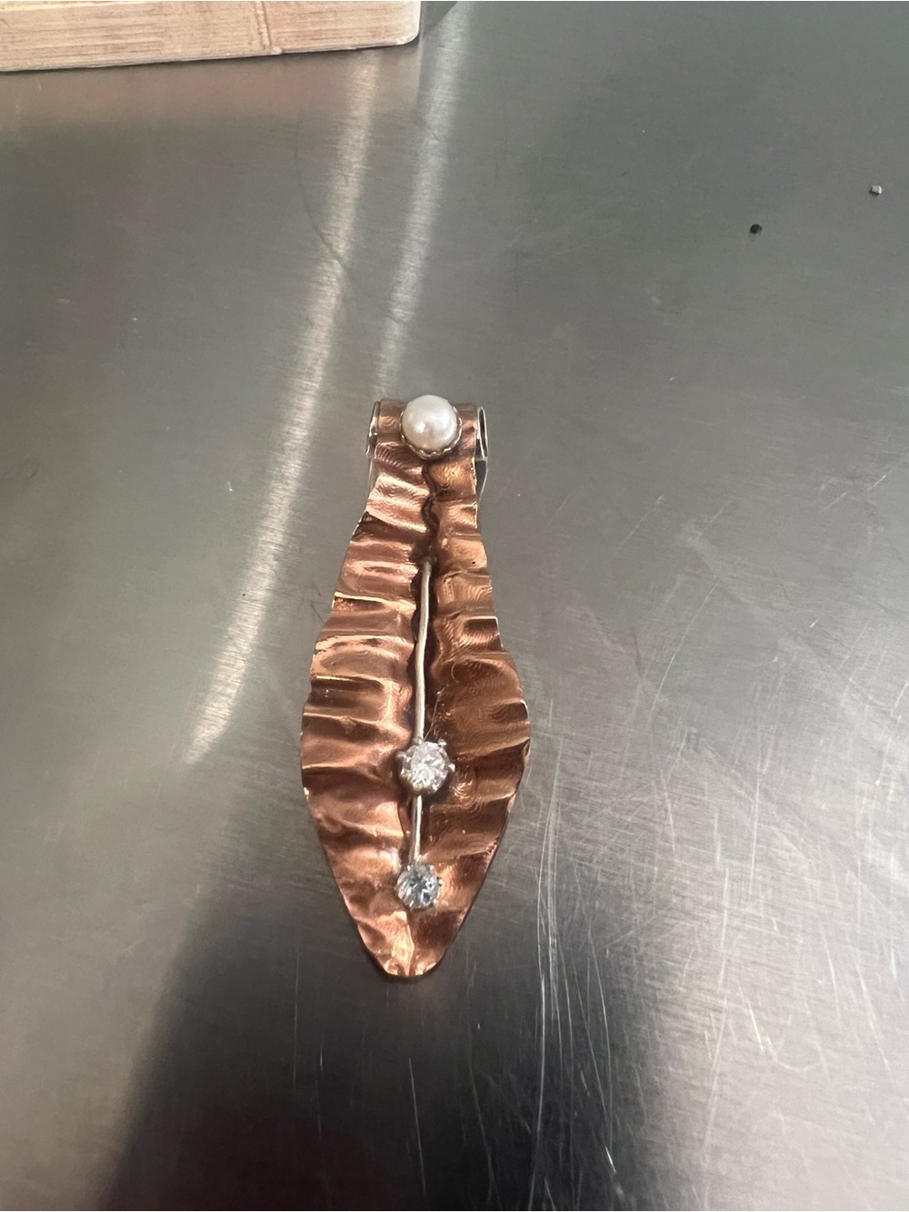 Handcrafted Artisan Copper Leaf Pendant with Pearl and Crystal Accents